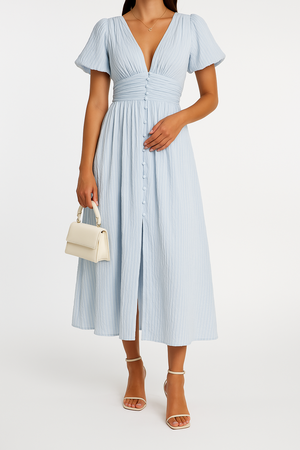 Elegantes Maxikleid für Damen mit Knopfleiste vorne und Puffärmeln