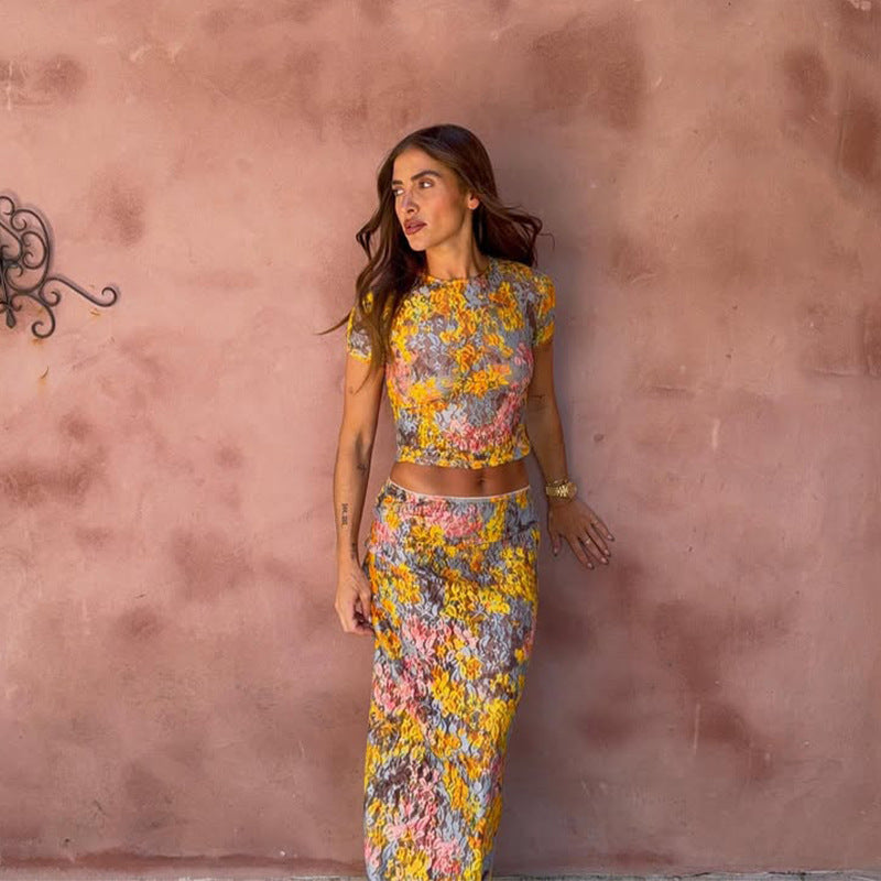 Damen Zweiteiliges Set mit Blumenmuster – Transparentes Crop-Top & Maxi-Rock