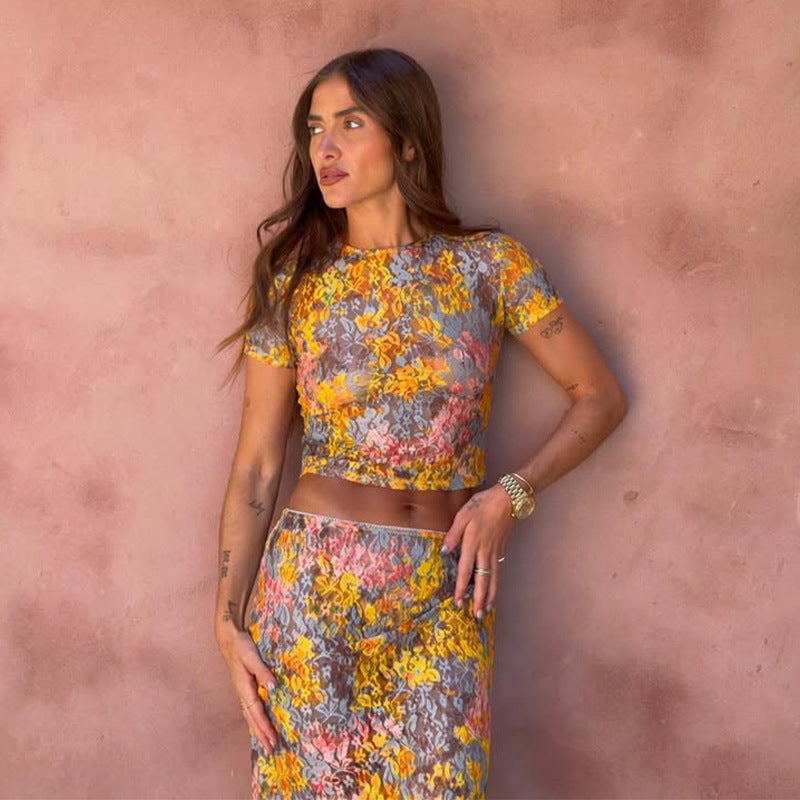 Damen Zweiteiliges Set mit Blumenmuster – Transparentes Crop-Top & Maxi-Rock