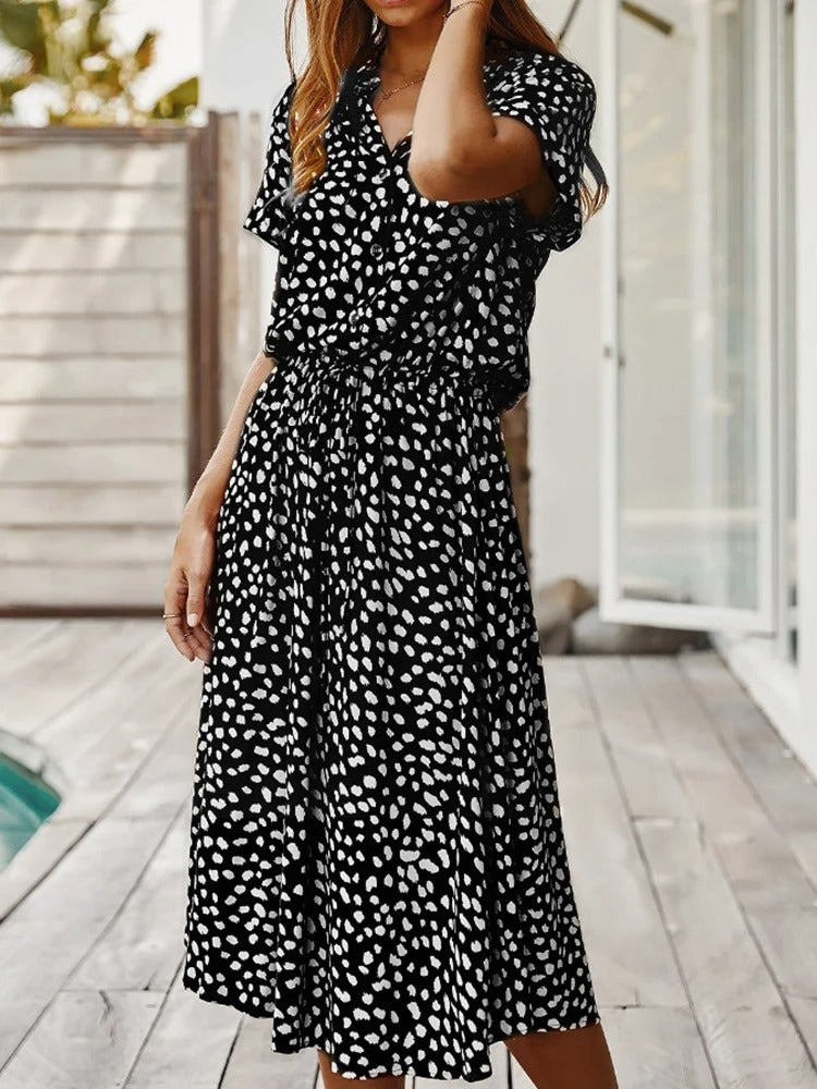 Damen Midikleid mit Knopfleiste, Print und Taillenband