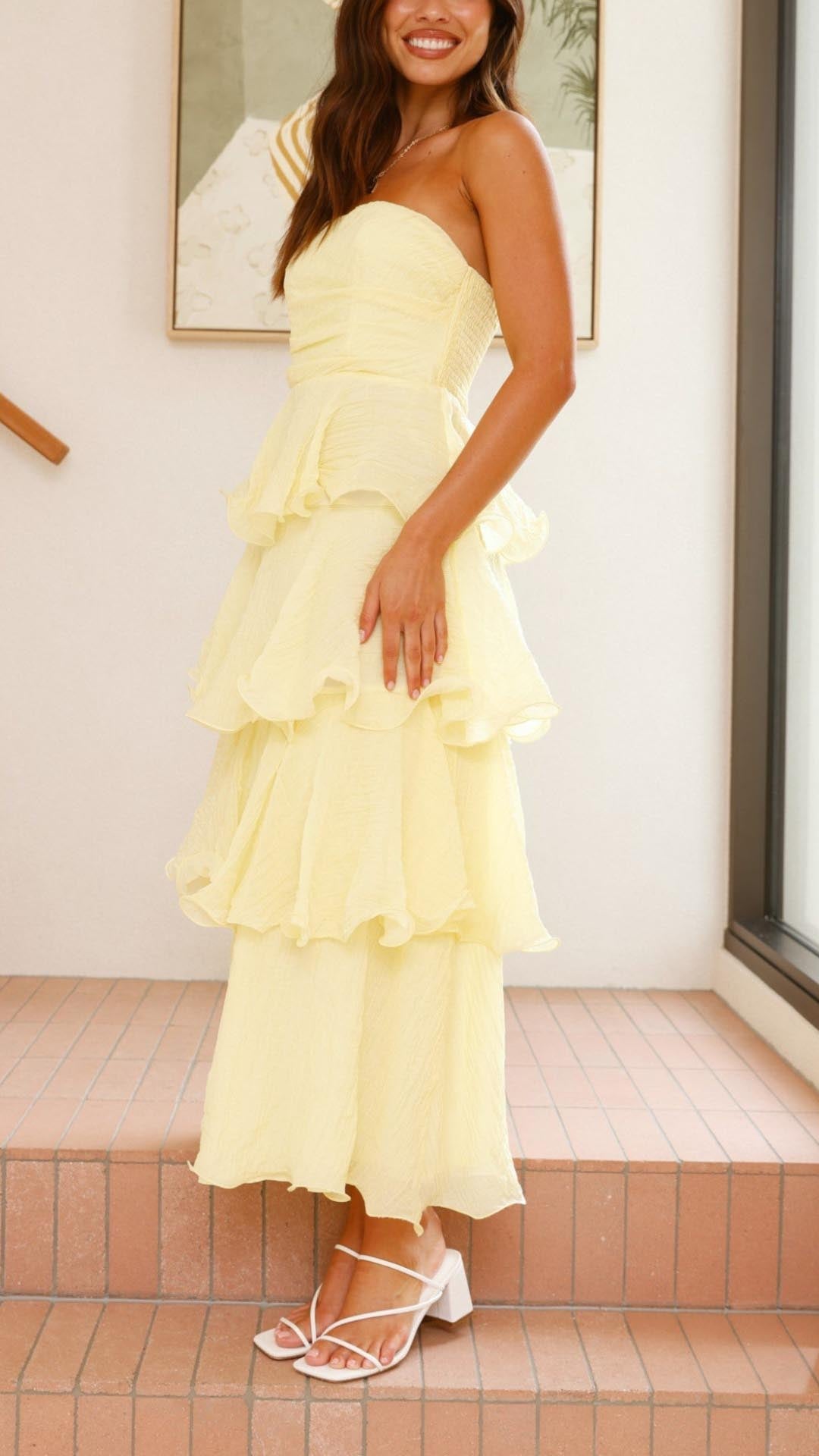 Damen Maxikleid mit Volants, trägerlos und fließender Silhouette