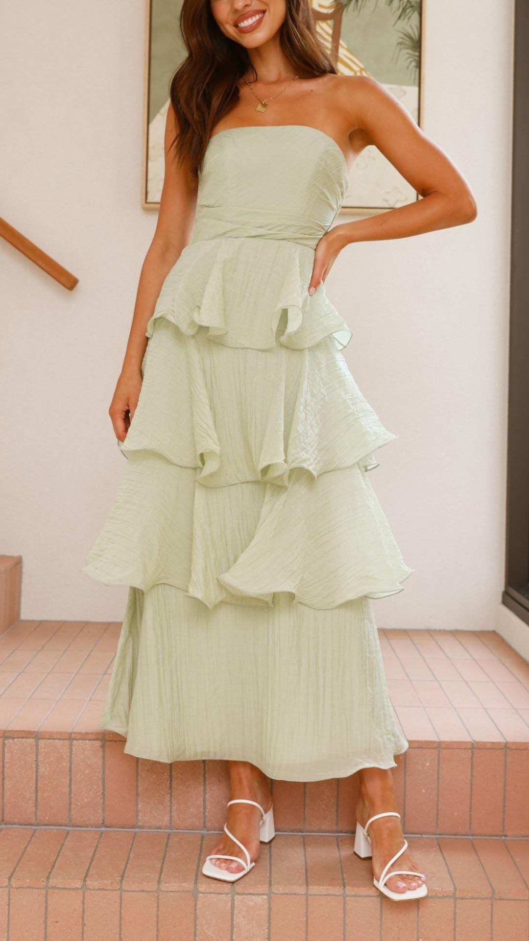 Damen Maxikleid mit Volants, trägerlos und fließender Silhouette