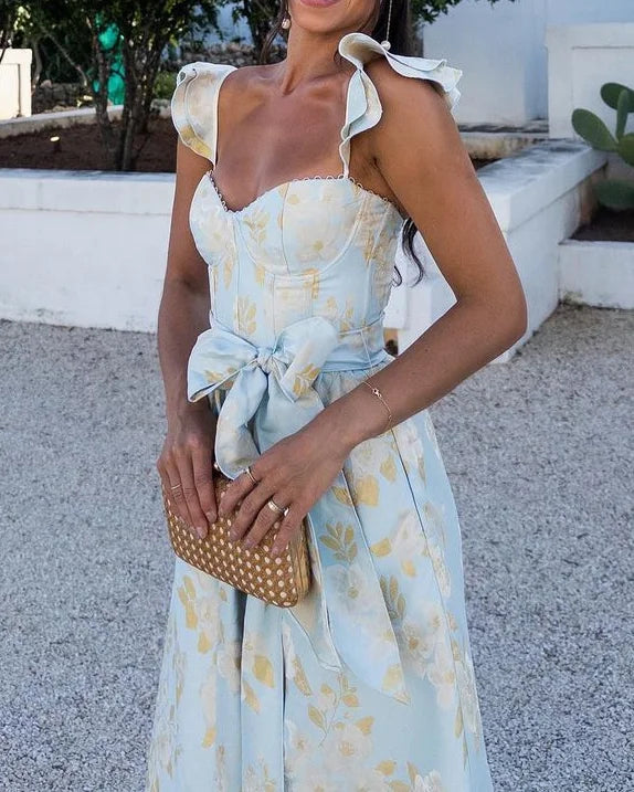 Damen Sommer Midikleid mit Schleife, Schlitz und floralen Muster – Eleganter Look