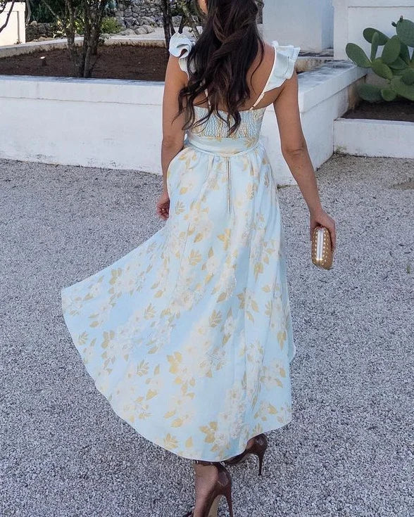 Damen Sommer Midikleid mit Schleife, Schlitz und floralen Muster – Eleganter Look