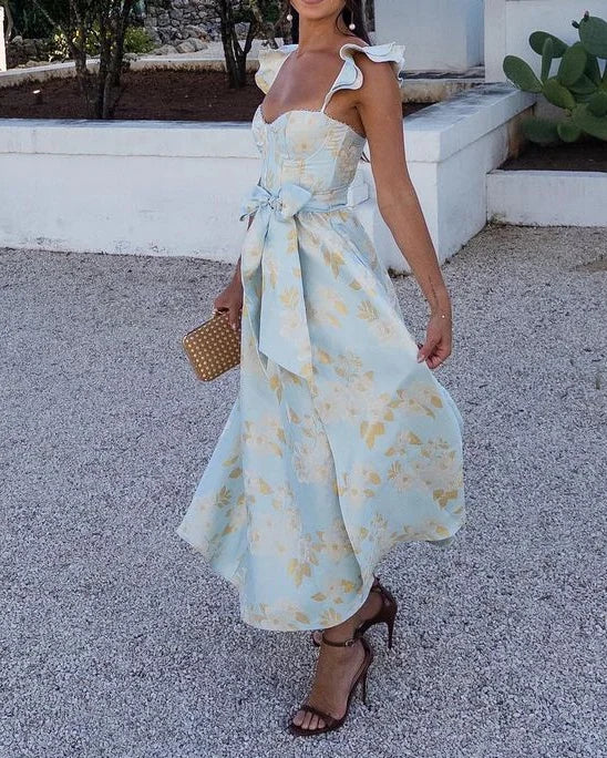 Damen Sommer Midikleid mit Schleife, Schlitz und floralen Muster – Eleganter Look
