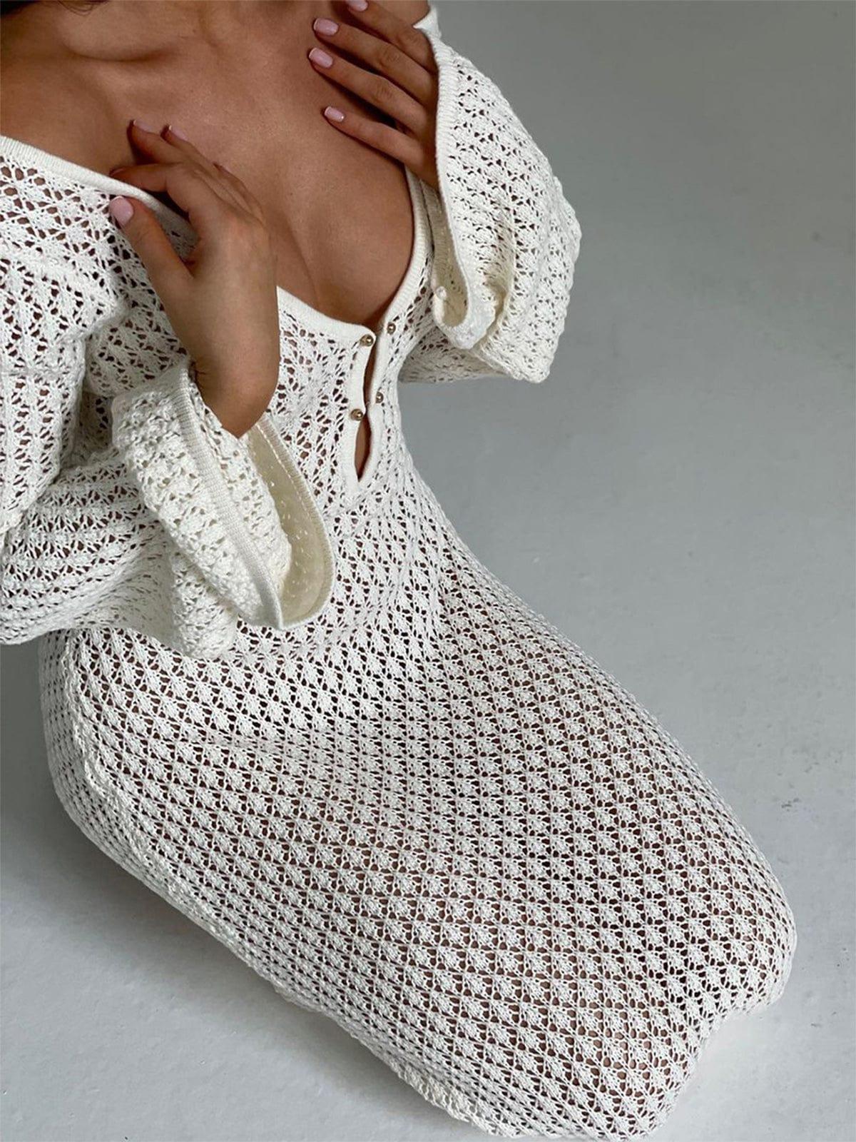 Damen-Maxikleid aus Häkelstrick mit eleganten Glockenärmeln – Sommer-Cover-up