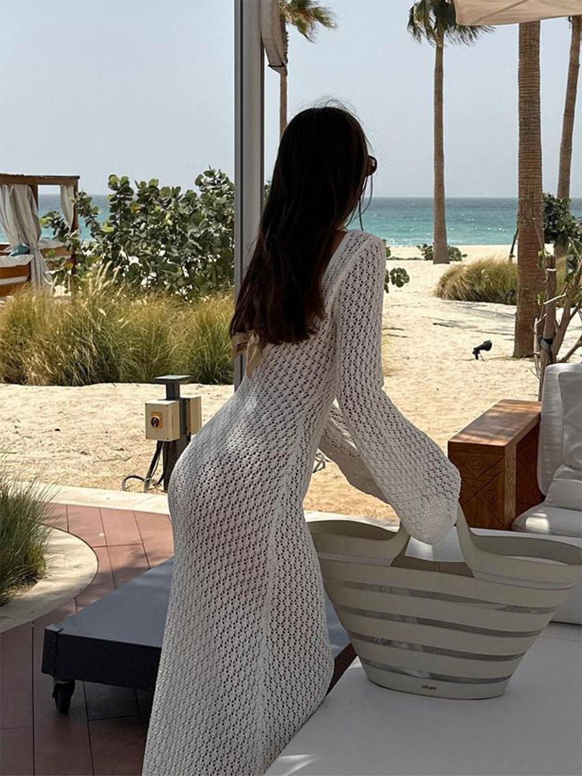 Damen-Maxikleid aus Häkelstrick mit eleganten Glockenärmeln – Sommer-Cover-up