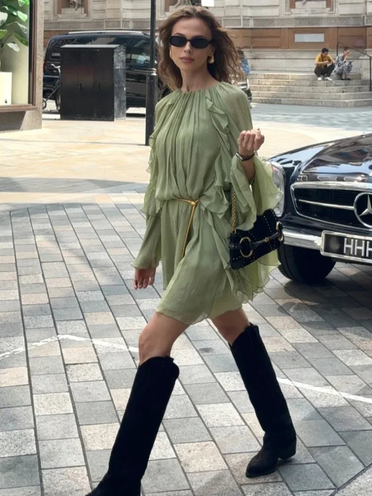 Damen Sommer Minikleid mit Volantärmeln und High Neck