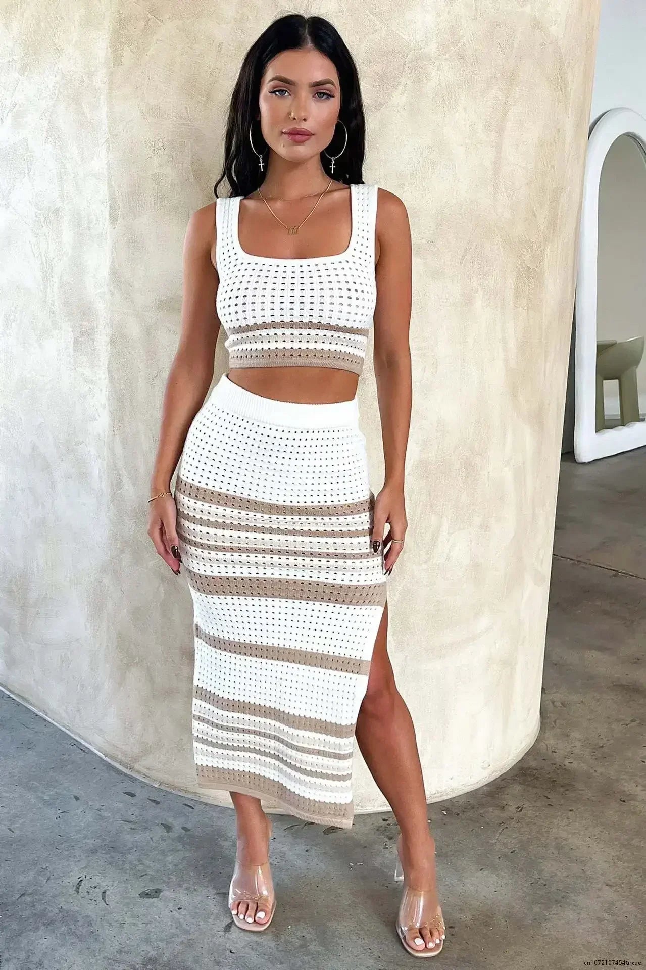 Damen Zweiteiler Aus Strick Mit Ärmellosem Crop-Top Und Maxi-Rock