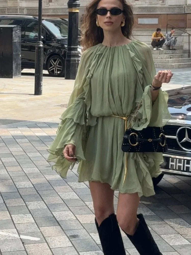 Damen Sommer Minikleid mit Volantärmeln und High Neck