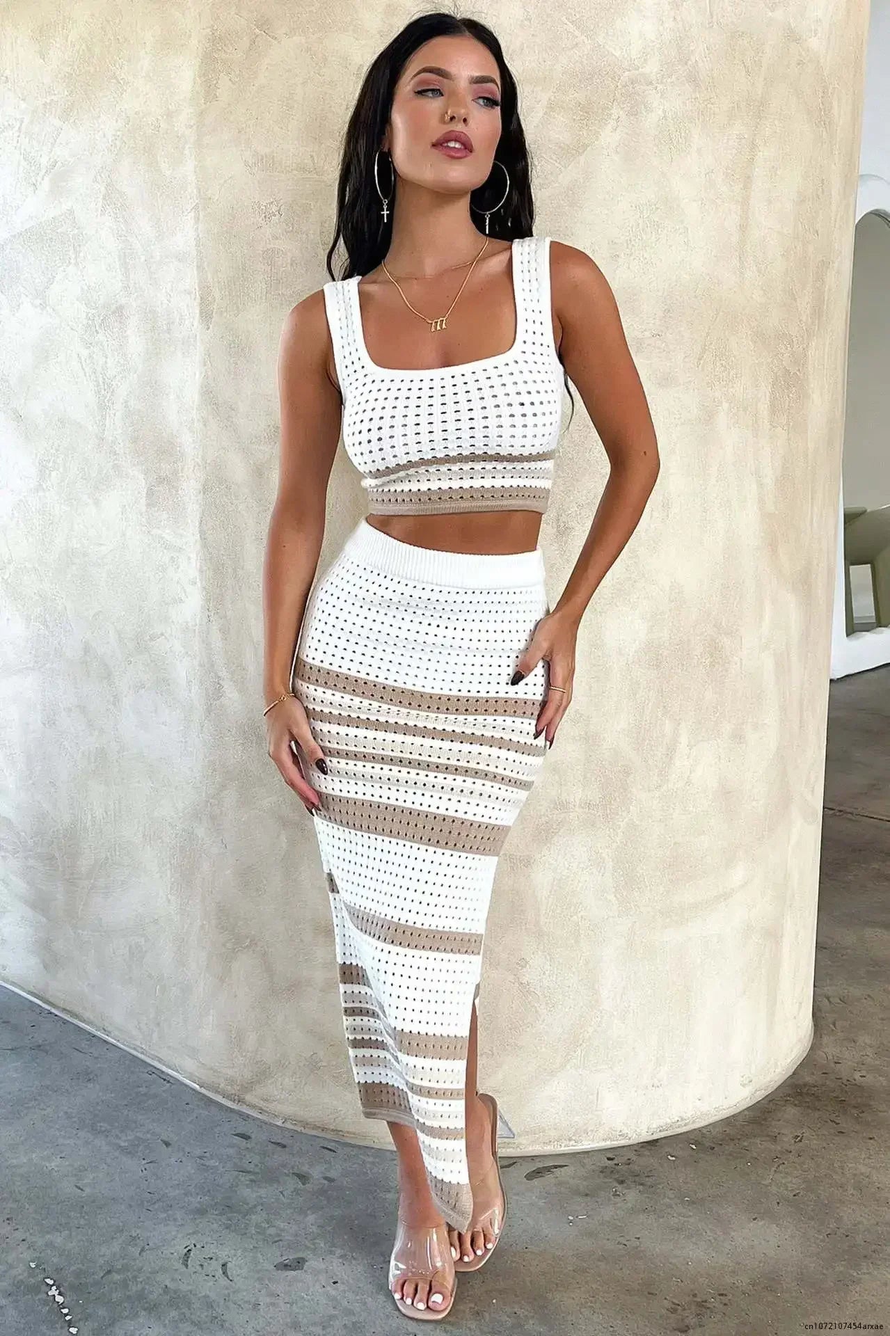 Damen Zweiteiler Aus Strick Mit Ärmellosem Crop-Top Und Maxi-Rock