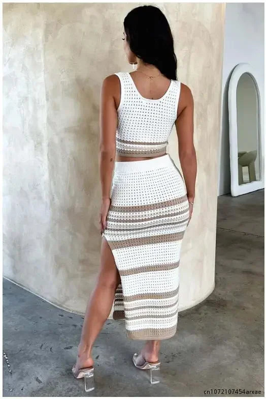 Damen Zweiteiler Aus Strick Mit Ärmellosem Crop-Top Und Maxi-Rock