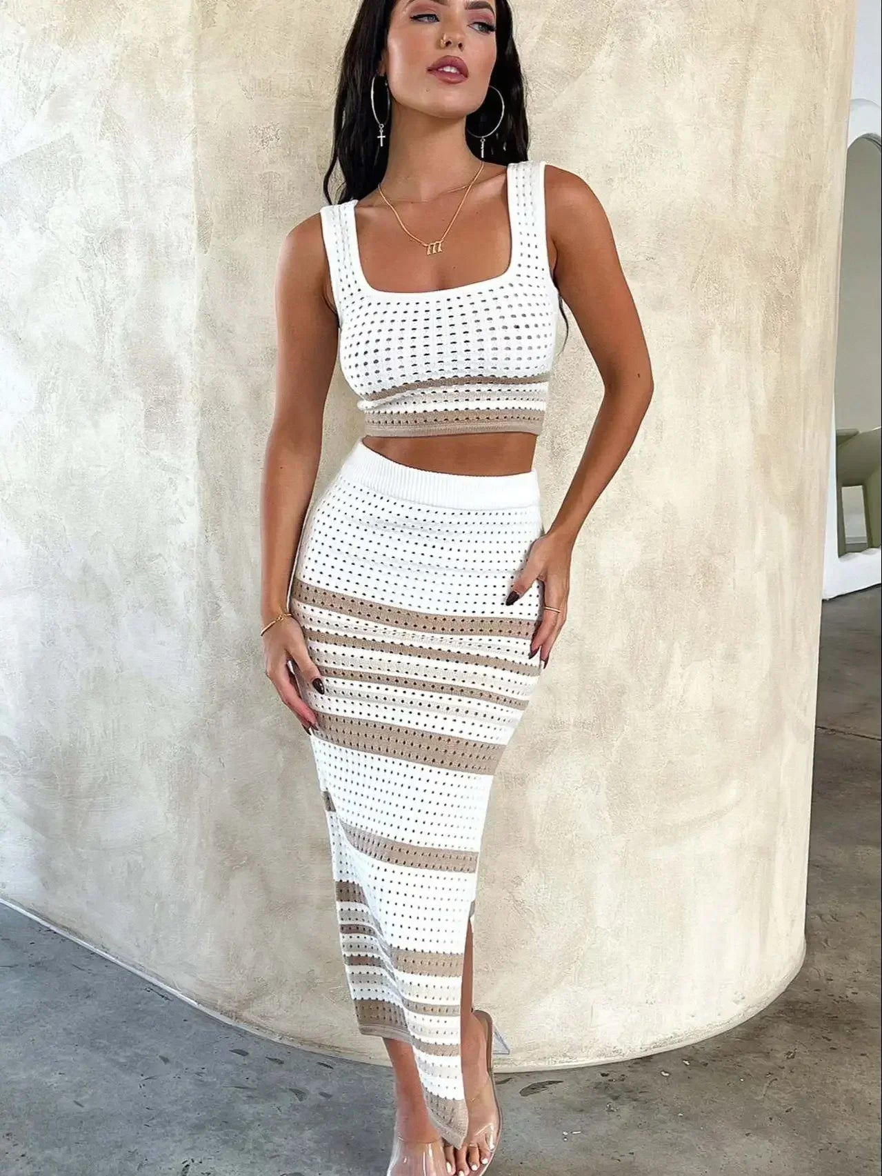 Damen Zweiteiler Aus Strick Mit Ärmellosem Crop-Top Und Maxi-Rock