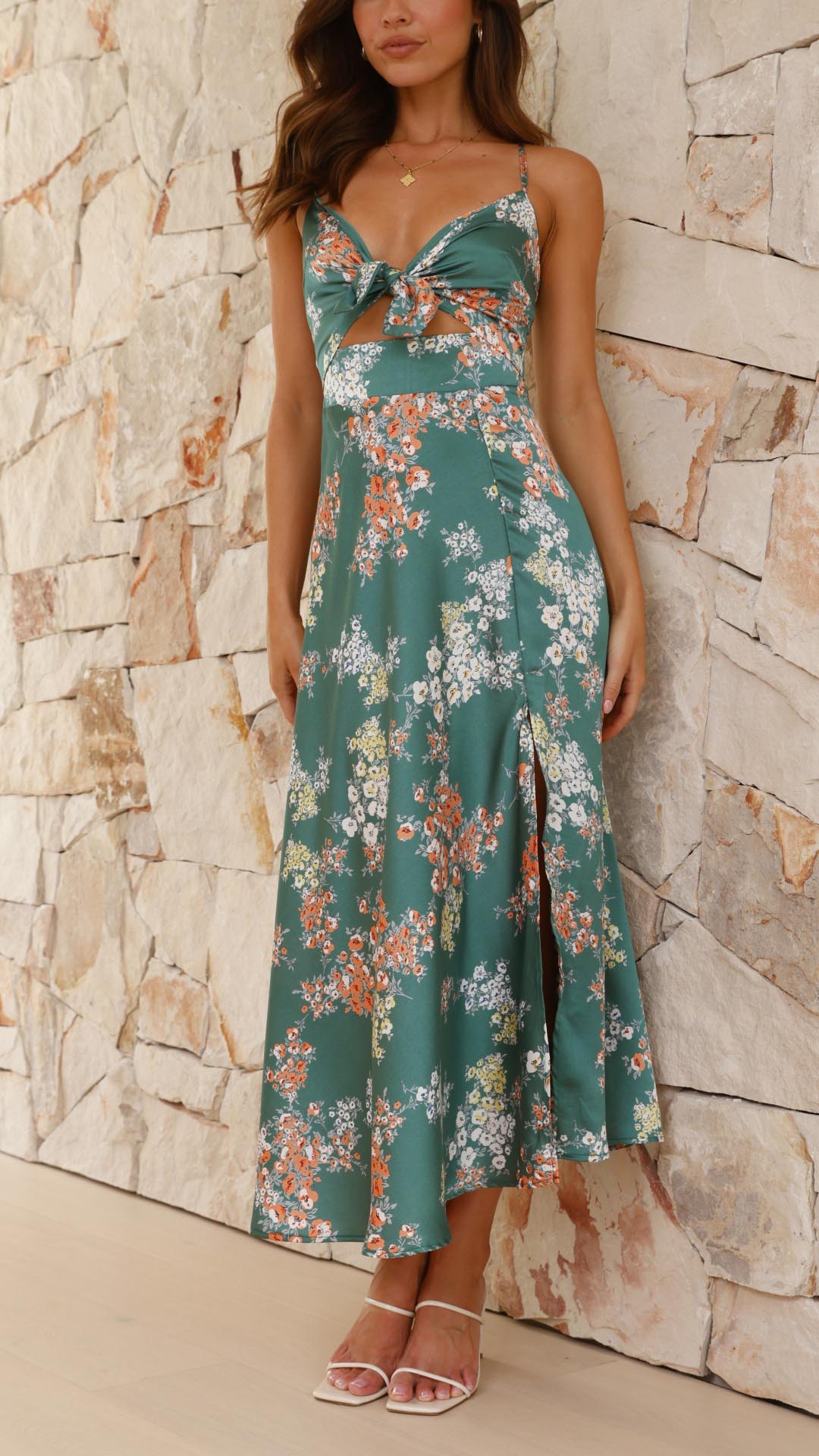 Damen Sommer Midikleid mit Blumenmuster, Schlitz und Knotendetail