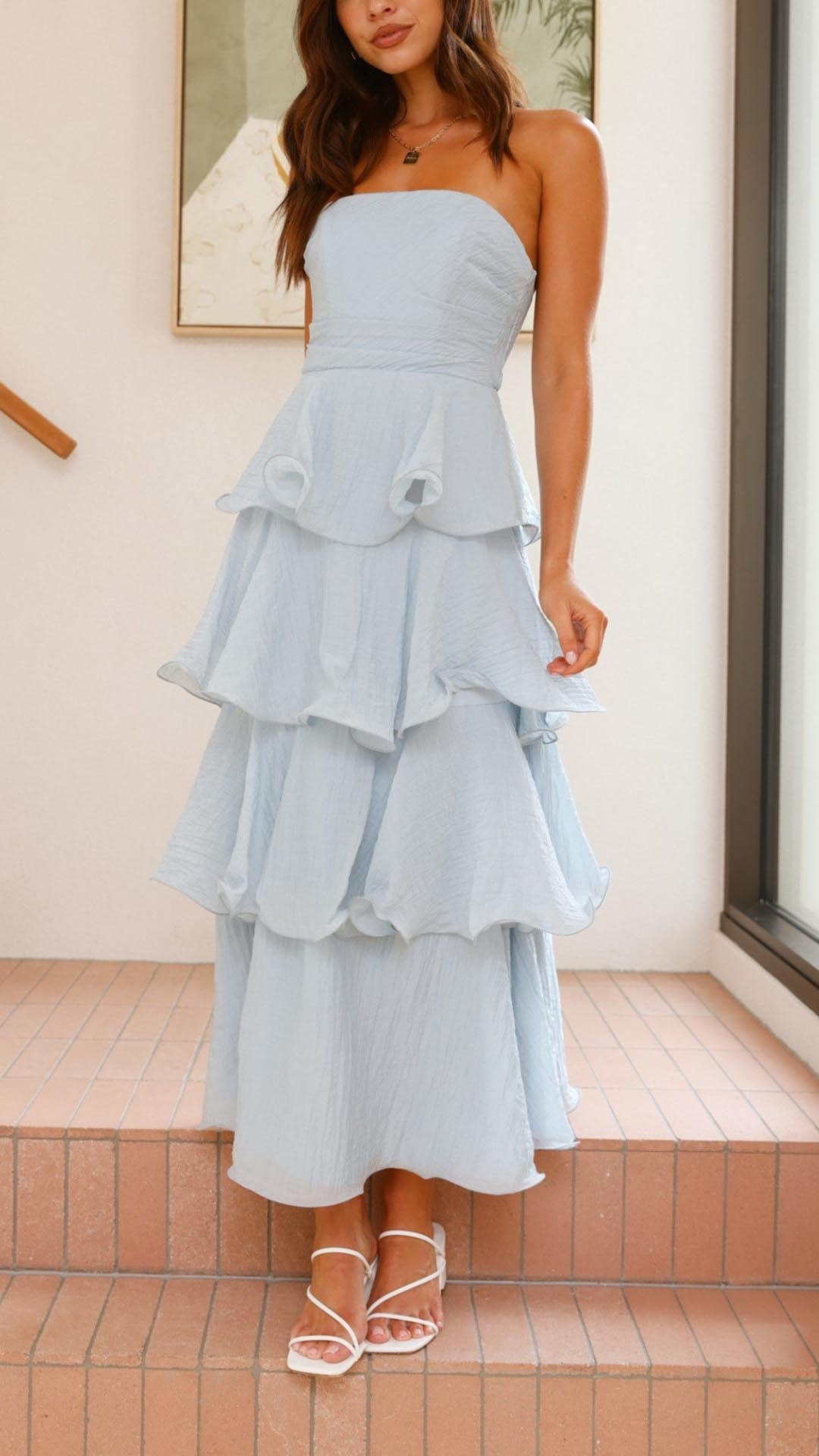 Damen Maxikleid mit Volants, trägerlos und fließender Silhouette