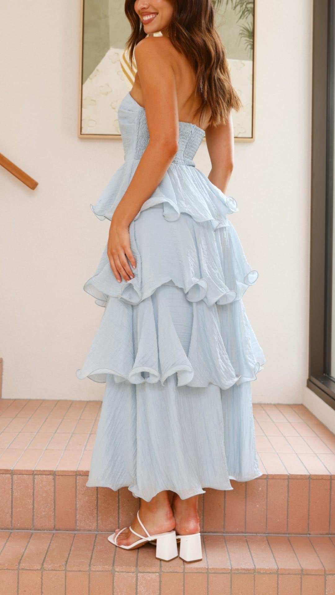 Damen Maxikleid mit Volants, trägerlos und fließender Silhouette