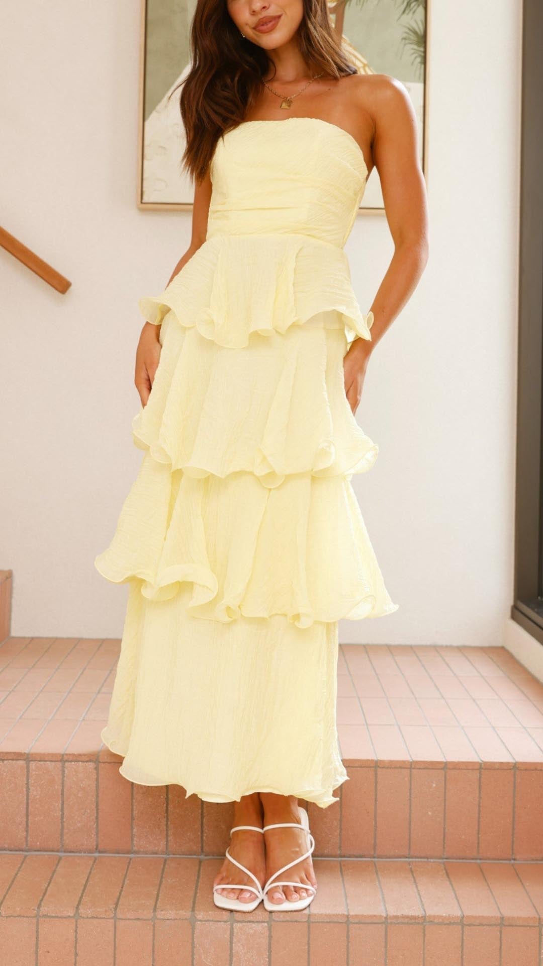 Damen Maxikleid mit Volants, trägerlos und fließender Silhouette