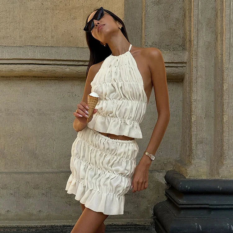 Damen Zweiteiler mit Neckholder-Top und Rüschen – Sommerlicher Look