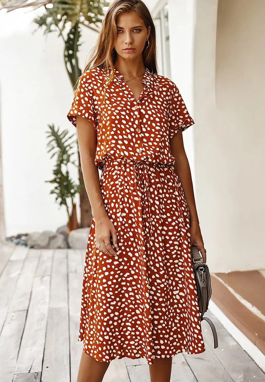 Damen Midikleid mit Knopfleiste, Print und Taillenband