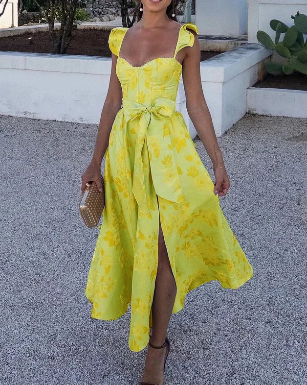 Damen Sommer Midikleid mit Schleife, Schlitz und floralen Muster – Eleganter Look