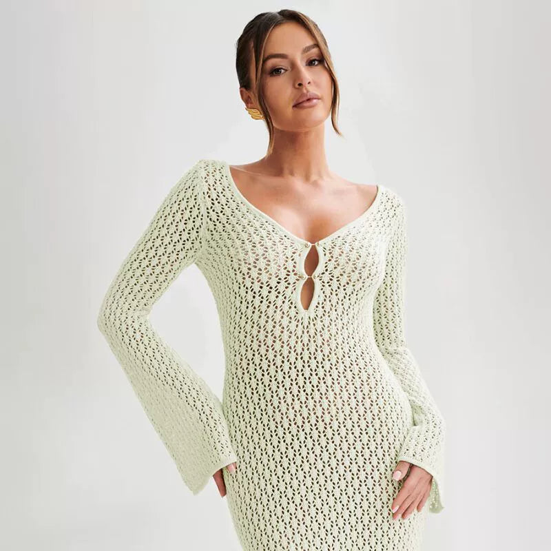 Damen-Maxikleid aus Häkelstrick mit eleganten Glockenärmeln – Sommer-Cover-up