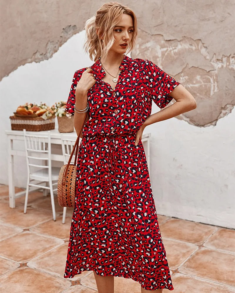 Damen Midikleid mit Knopfleiste, Print und Taillenband